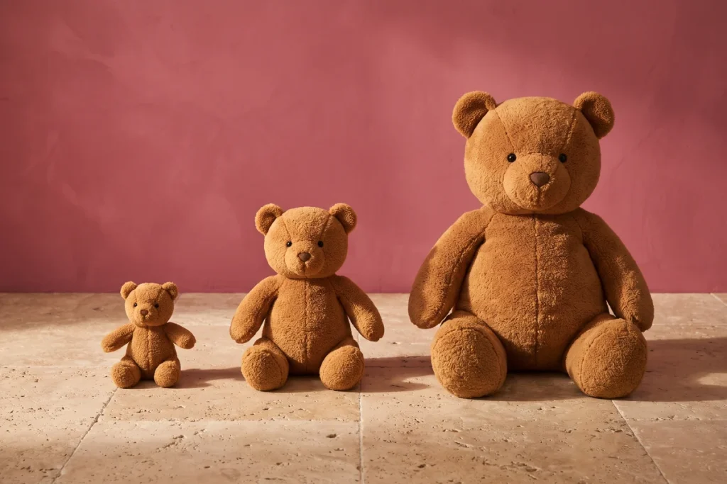 Three matching caramel teddy bears in mini, medium and oversized sizes sitting in a row against a raspberry pink wall