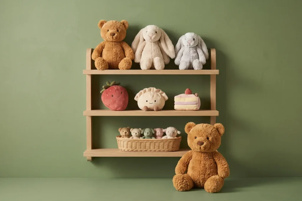 An oak wall shelf with bears and bunnies on top, strawberry, dumpling and cake plush in the middle, a basket of mini plush below and a large teddy bear beside it, against a moss green wall