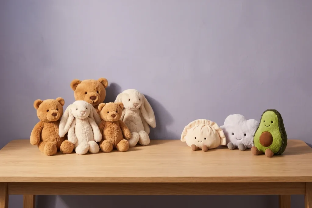 An oak wall shelf with bears and bunnies on top, strawberry, dumpling and cake plush in the middle, a basket of mini plush below and a large teddy bear beside it, against a moss green wall
