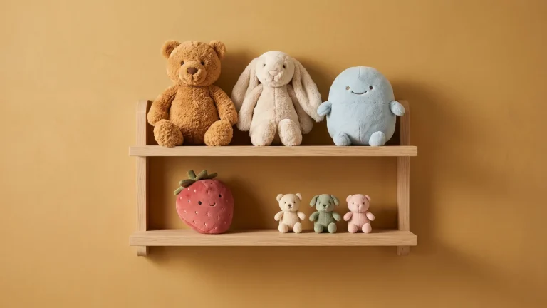 A two-tier oak wall shelf with a teddy bear, a cream bunny and a round blue character plush above, a strawberry plush and three mini plush below, against a honey gold wall