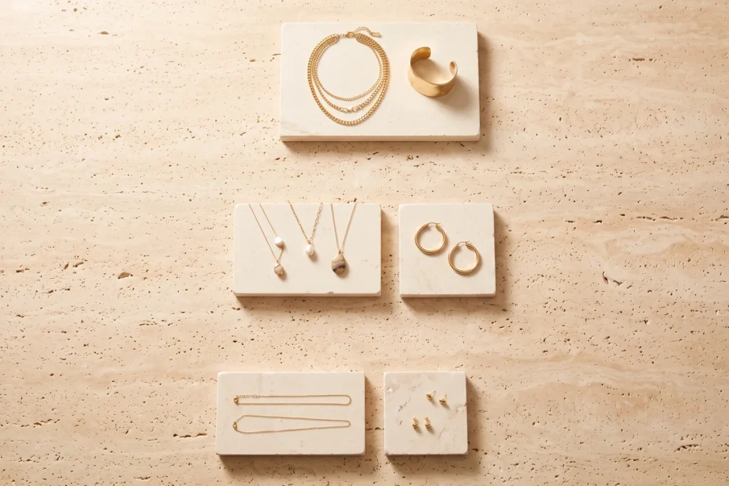 An overhead view of five cream stone slabs holding gold jewelry in three rows, from fine chains and stud earrings to pendant necklaces and hoops to a layered necklace and wide cuff