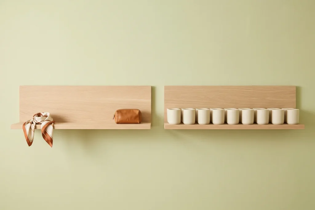Two oak shelves side by side against a pistachio wall, the left nearly empty with one scarf and a leather pouch, the right full of matching cream candles