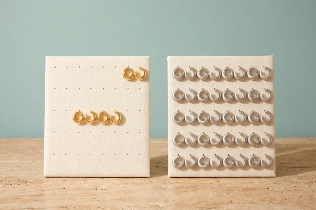 Two earring display boards against a teal wall, the gold hoops almost sold out with three pairs left and the same hoops in silver still fully stocked