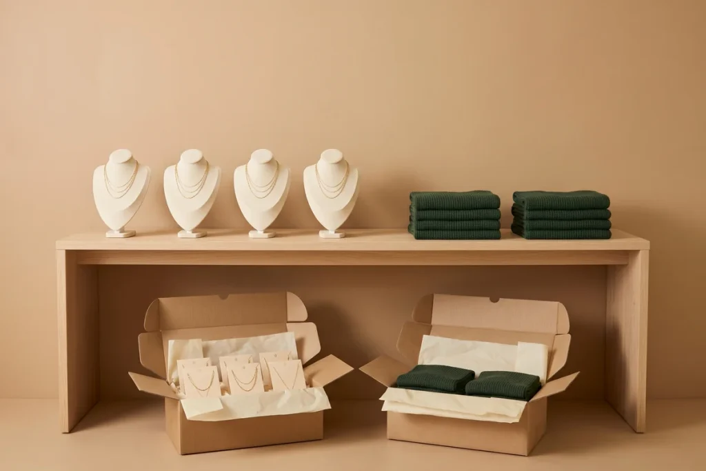 A restocked oak table of gold layered necklaces on busts and stacks of green knit scarves, with two open kraft cartons of the same products in front, against a camel wall