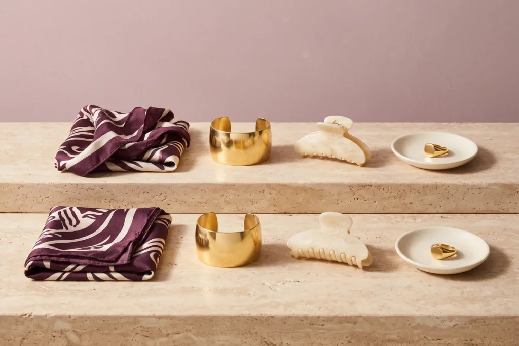 Two identical rows of a plum print silk scarf, gold cuff, cream claw clip and gold signet ring on a stone surface against a heather mauve wall