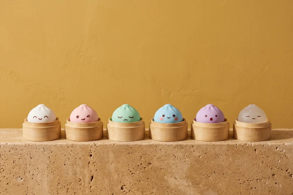 Six dumpling squishies in different colors and expressions, each in its own small bamboo steamer, lined up against a mustard wall