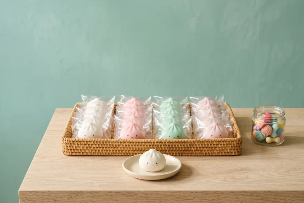 A woven tray of individually wrapped dumpling squishies with one unwrapped demo piece on a dish and a jar of fidget toys on a counter against a seafoam wall
