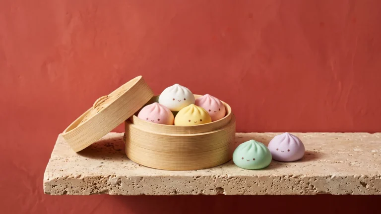 Pastel dumpling squishies with small smiling faces in a bamboo steamer, with a mint and a lilac one on the stone beside it, against a tomato red wall