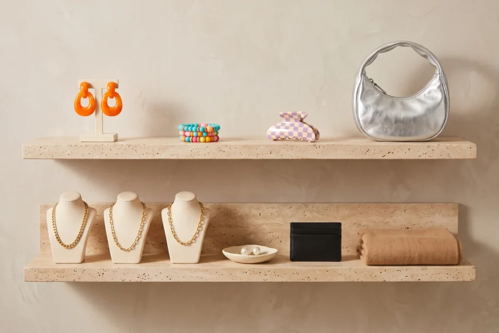 Two travertine shelves: orange resin earrings, beaded bracelets, a lilac checkerboard claw clip and a silver bag above, with three gold chain necklaces, pearl studs, a black card holder and a camel scarf below