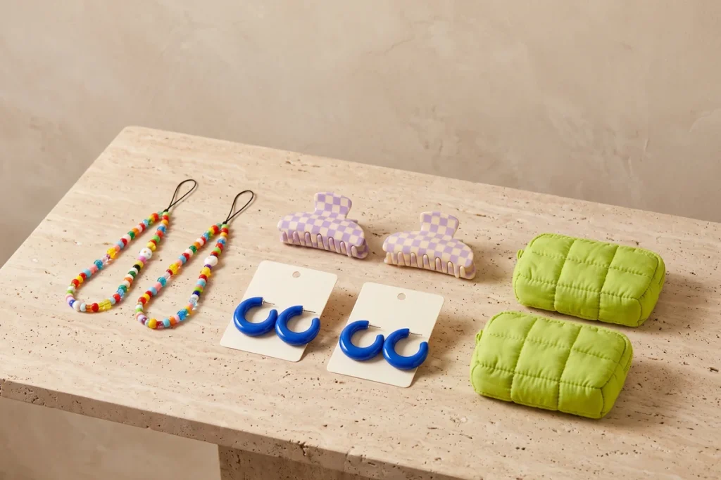 Pairs of beaded phone straps, lilac checkerboard claw clips, cobalt hoop earrings on blank cards and lime quilted pouches on a travertine table