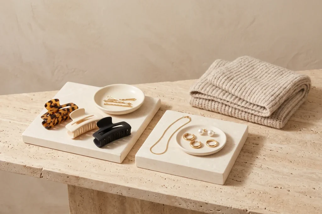 Tortoiseshell, cream and black claw clips, gold hair pins, a gold chain, gold hoops, pearl studs and a folded oatmeal knit scarf on cream stone slabs