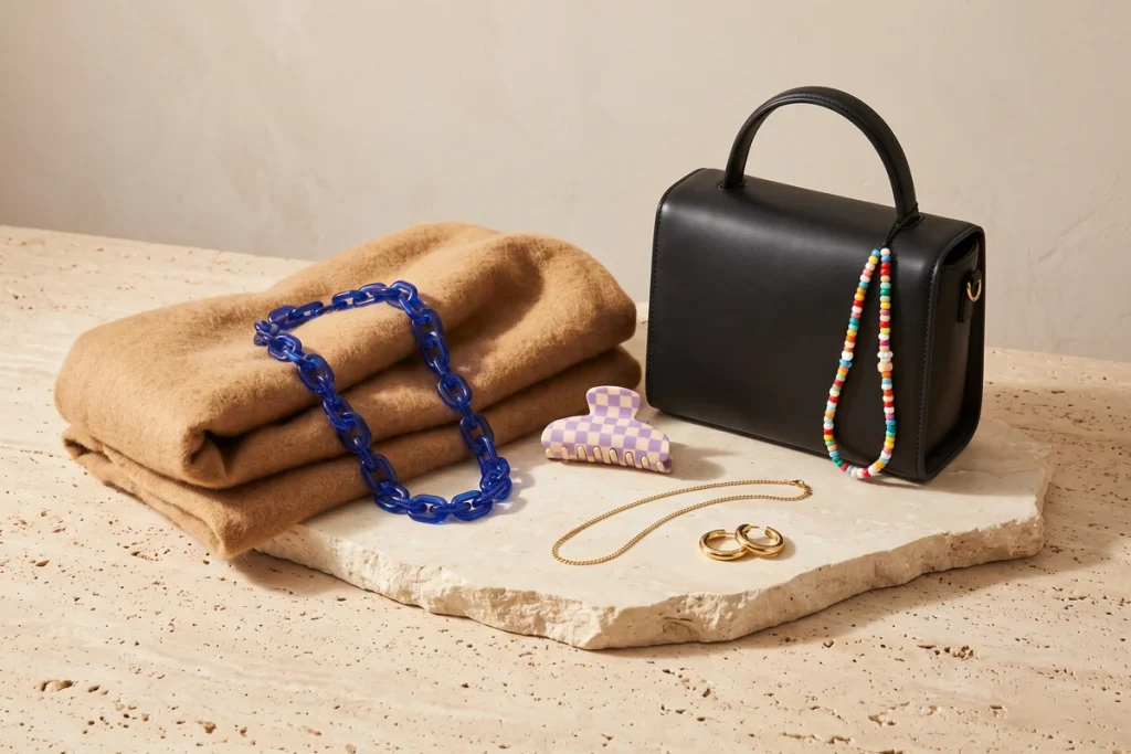 A folded camel scarf with a cobalt chain necklace, a lilac checkerboard claw clip, a gold chain and hoops, and a black leather handbag with a beaded phone strap on a stone slab