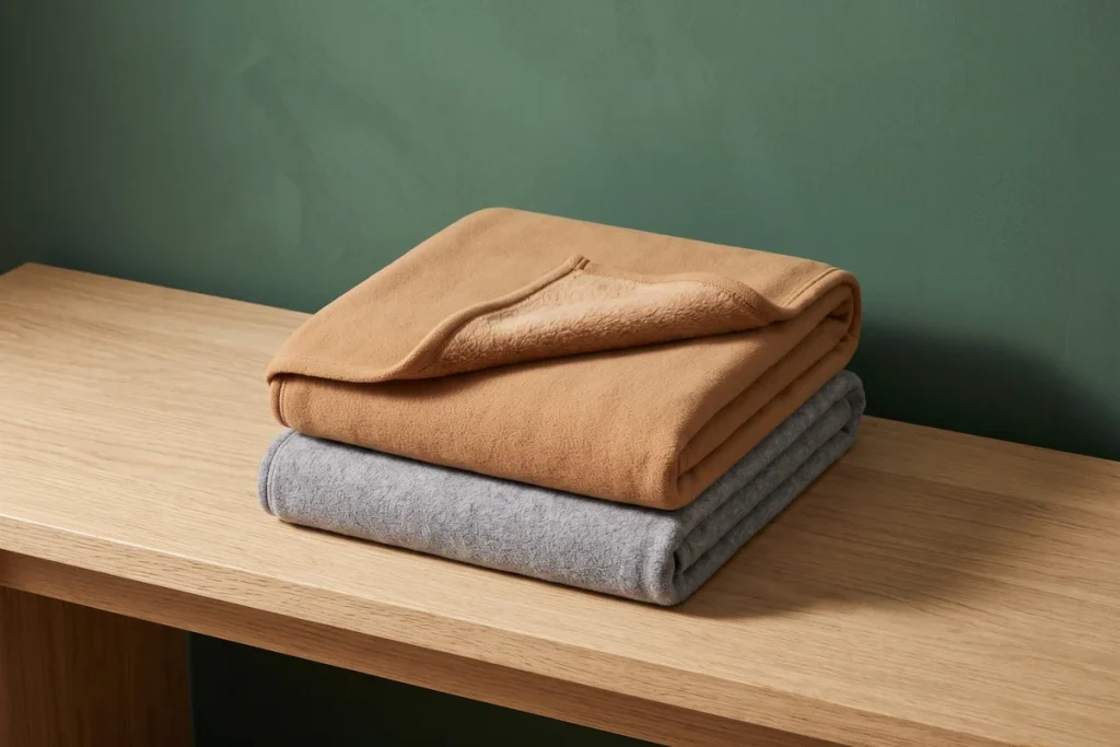 A caramel fleece throw with one corner turned back to show its brushed surface, folded on a gray fleece throw on an oak bench against a pine green wall