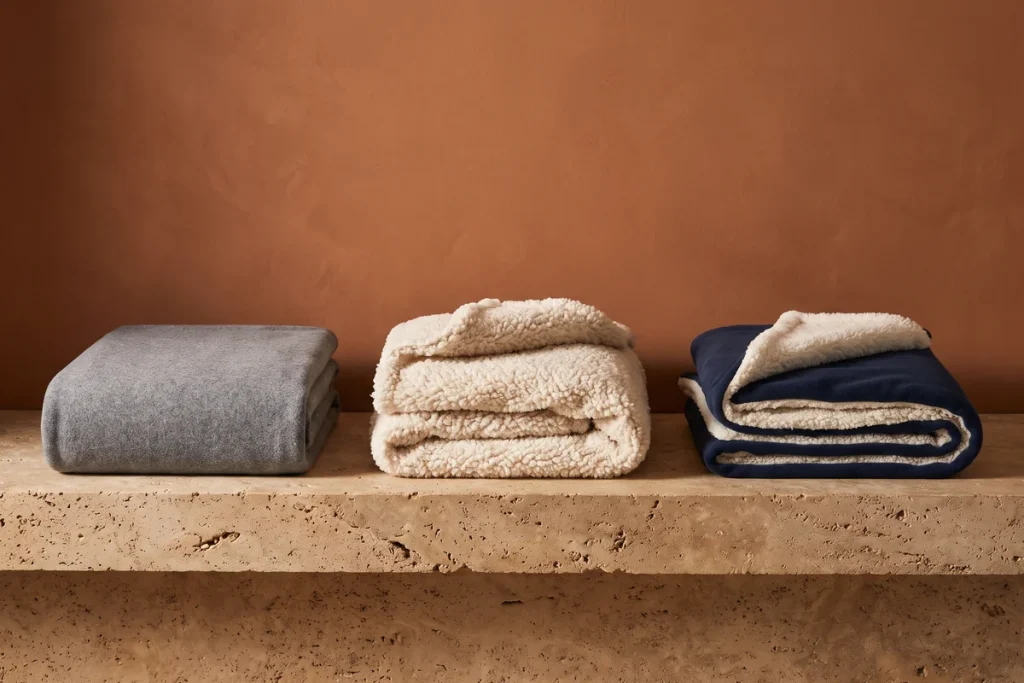 A gray fleece throw, a fluffy cream sherpa throw and a reversible navy and cream sherpa-lined throw folded side by side against a cinnamon wall