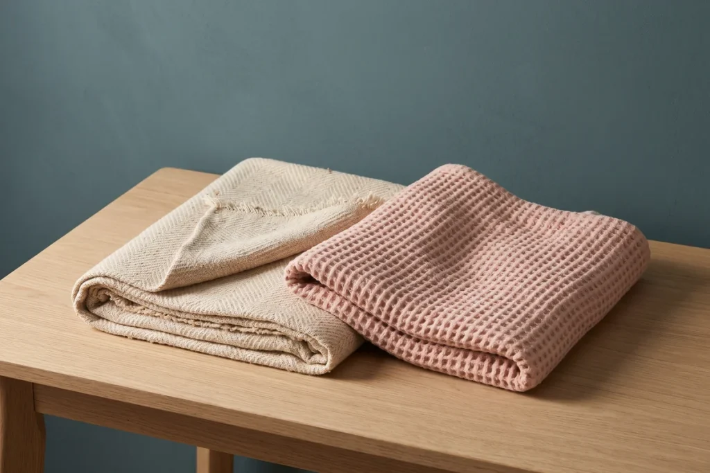 An ecru woven cotton blanket and a blush waffle-knit throw folded side by side on an oak table against a slate teal wall