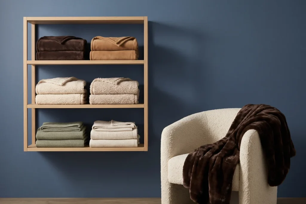 Oak wall shelves of folded throws grouped by material beside a cream armchair draped with a brown faux mink throw, against a midnight blue wall