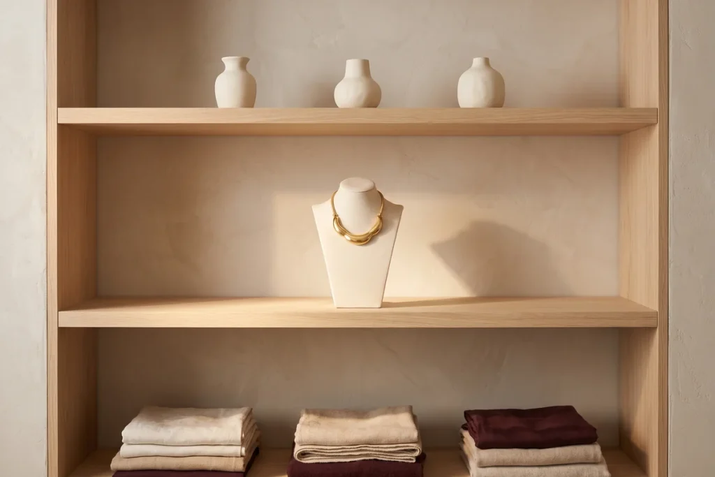 A pale oak shelving unit with a gold statement necklace on a cream bust lit on the middle shelf, three ceramic vases above and folded cream and burgundy scarves below