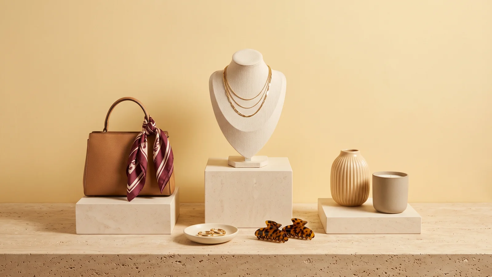 A layered gold necklace on a cream bust, a tan handbag with a burgundy silk scarf, a ribbed vase and candle, a dish of gold hoops and two tortoiseshell claw clips on stone risers against a butter yellow wall