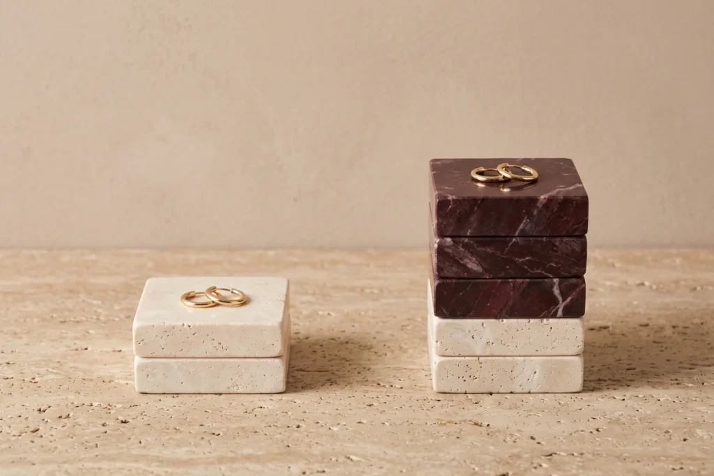 A short stack of two cream travertine blocks beside a taller stack of two cream and three burgundy marble blocks, each topped with a pair of gold hoop earrings